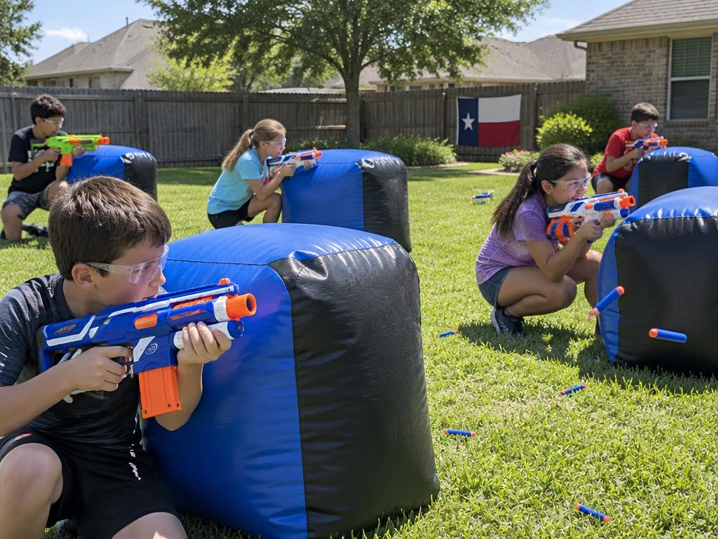 Kids battling in backyard with obstacles