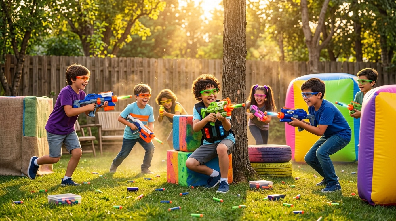 Kids in a Nerf battle in a sunny backyard